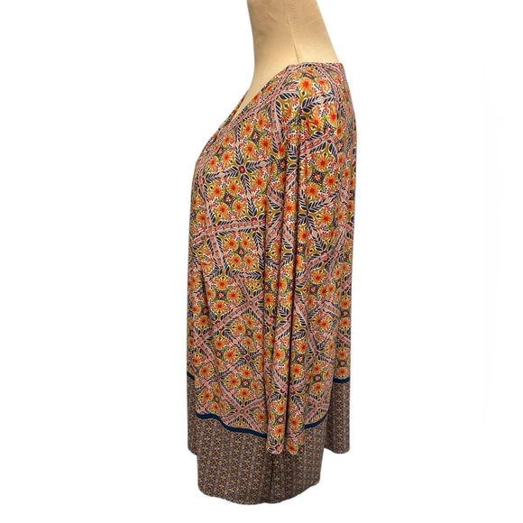 Tacera Orange Blue Floral Geometric Print Long Sleeve Tunic Stretch Top Size 2XL - Picture 3 of 10